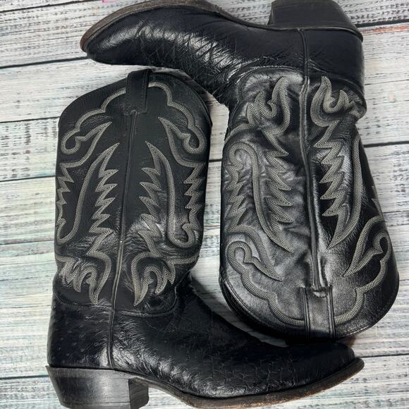 Justin Men’s 10D Black Ostrich Leather Cowboy Boots Western Made in USA - Picture 1 of 6